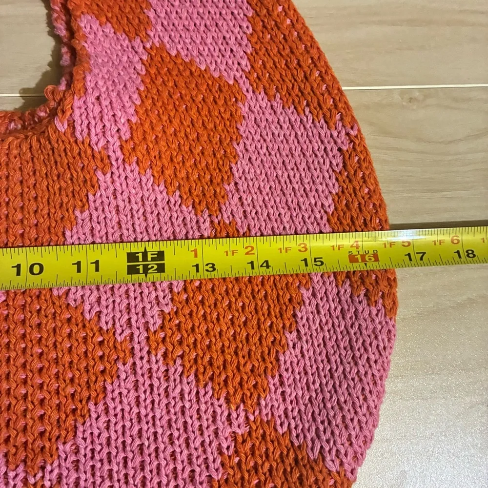 Kopari Knit Bag Crochet Circle Handbag Purse Woven Argyle 16x14 Pink/Orange Boho